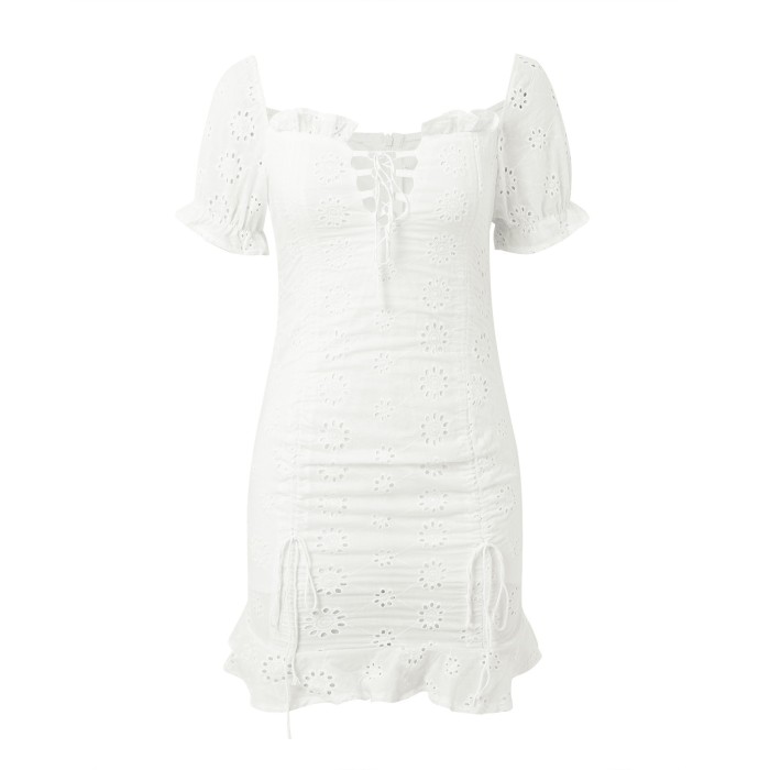 Lace Up Embriodery White Summer Dress Women Hollow Out Beach Short Dress Puff Sleeve Ruffle Ruched Bodycon Mini Dress Vestidos