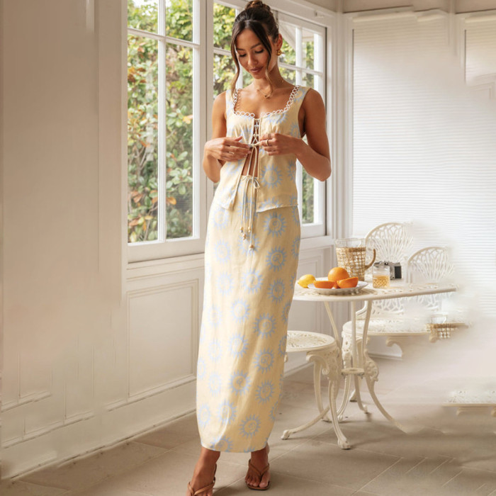 Patchwork Printed Long Skirt Split Hem Long Skirt Set Elegant Women Dress Summer Square-neck Lace Up Aesthetic Party Club Dress