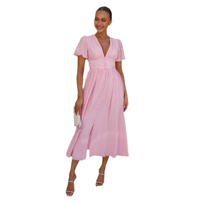 2024 Spring Summer Women's New Solid Color V-Neck Long Bubble Sleeves Large Swing Slim Dress