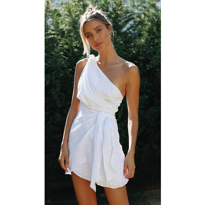 Casual Fashion Sleeveless Corset Halter Evening Dress Women Solid Color One Shoulder Lace Up Irregular Mini Dress
