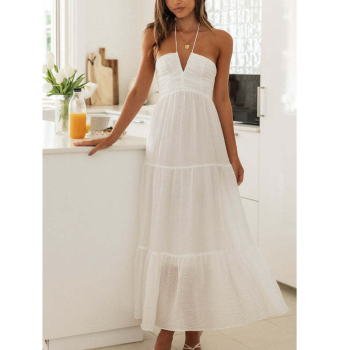 2024 New Women Sexy Long Dress Sleeveless Halter Neck Vacation Beach Dress High Waist Ladies Summer Bohemian White Maxi Dress