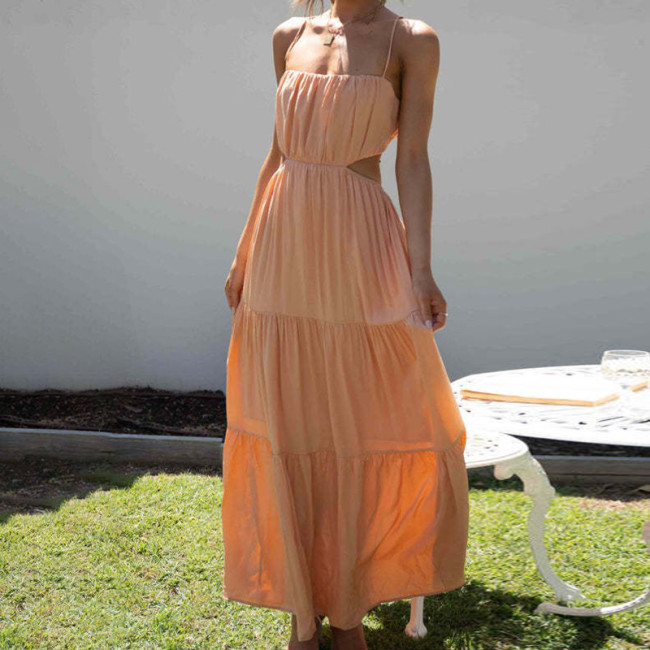 Spaghetti Strap Elastic Backless Fashion Beach Women Dress Cut Out Green Sundress A-line New Vestidos 2024
