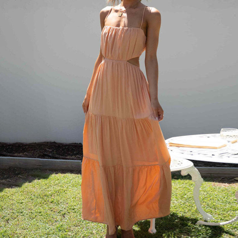 Spaghetti Strap Elastic Backless Fashion Beach Women Dress Cut Out Green Sundress A-line New Vestidos 2024