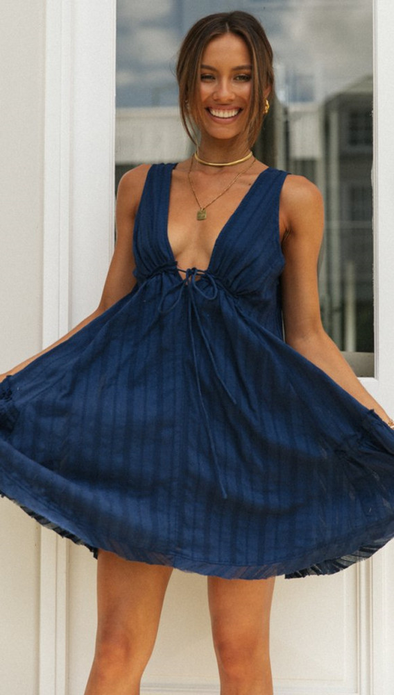 Skinny Sexy Deep V-Neck SLeeveless Mini Dresses for Summer Women's Dress 2024 New Front and Rear Drawstring Swing A-line Dress