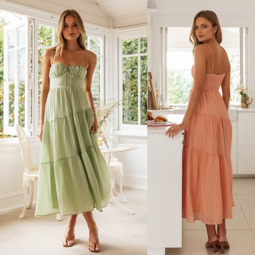 New 2024 Spring Summer Elegant and Minimalist Sleeveless Spliced Suspended Strap Long Open Back Lace up Large hem Dress