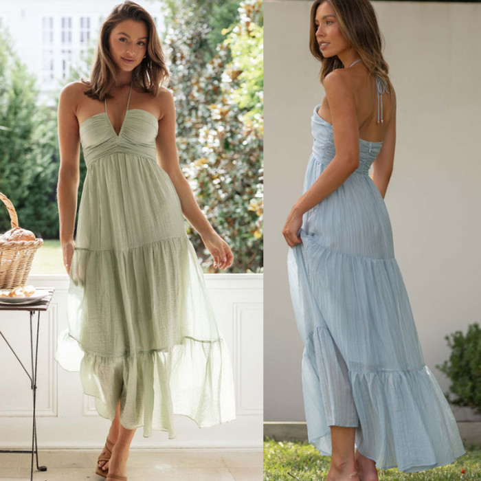 Boho Backless Splicing Long Dress for Women Summer New Halter V Neck Sleeveless A Line Beach Dress Holiday Dress Up