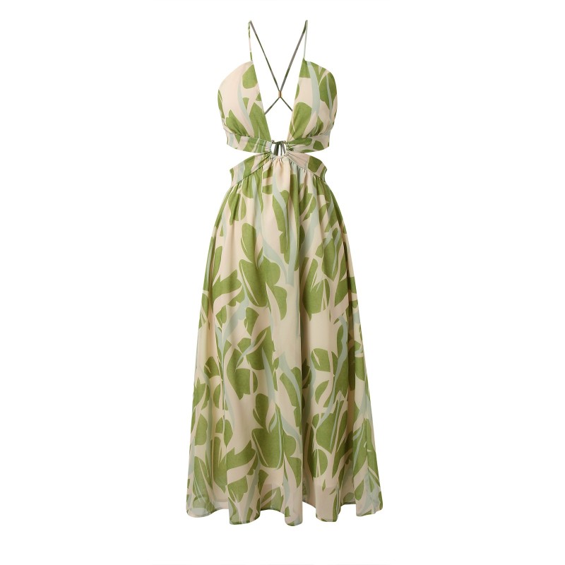 Sexy Women Summer Straps Dress Floral Print Long Dresses Lace Up Maxi Dresses Backless Hollow Out Open Waist Dress Vestidos