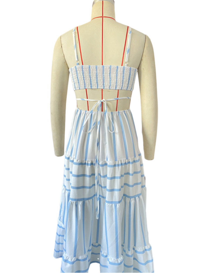 Foridol Striped Summer Women Dress Beach Sexy Boho Sundress Spaghetti Strap Cut Out A-line Maxi Midi Vestidos 2024 Spring Dress