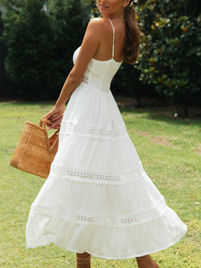 New In 2024 Women's Bohemian Sling Dress Lace Splice Swing Dress Long Dresses for Women Vintage Summer Dress White Sexy Dress