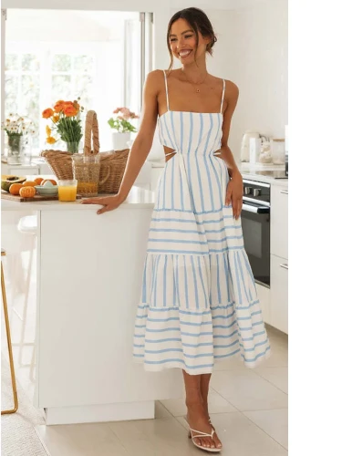 Foridol Striped Summer Women Dress Beach Sexy Boho Sundress Spaghetti Strap Cut Out A-line Maxi Midi Vestidos 2024 Spring Dress