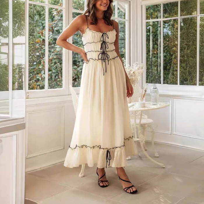 Summer Spaghetti Straps Dresses Women Solid Color Lace Up Backless Slash Neck Midi Dress Loose Casual Beach Holiday Long Dress