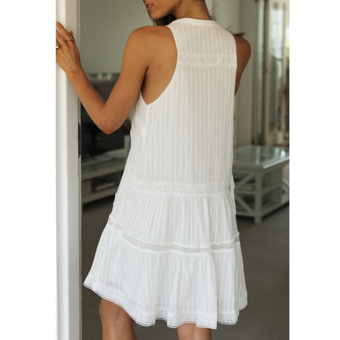 Ardm Fashion White Sleeveless Round Neck With Button Patchwork Summer Dress 2021 Lace Stitching Vintage Mini Dress Vestidos