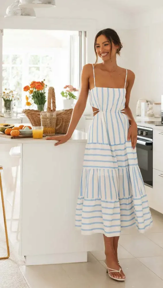 Foridol Striped Summer Women Dress Beach Sexy Boho Sundress Spaghetti Strap Cut Out A-line Maxi Midi Vestidos 2024 Spring Dress