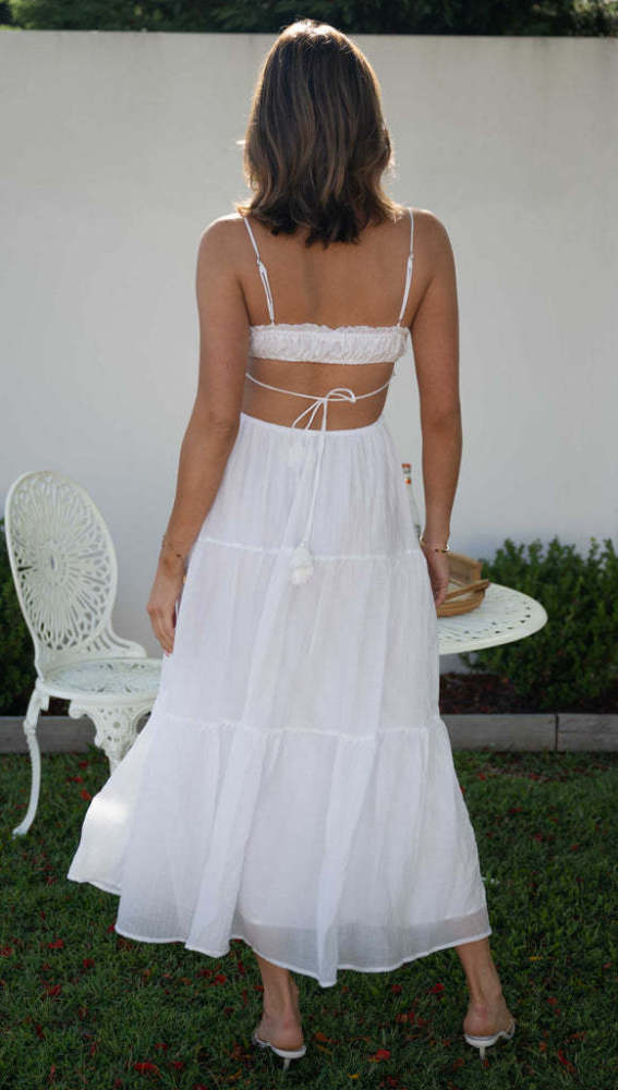 2023 New Backless Sexy Dress Strapless Solid Color Chiffon Maxi Dress Sleeveless Large Hem Holiday Dress Maxi Sundress