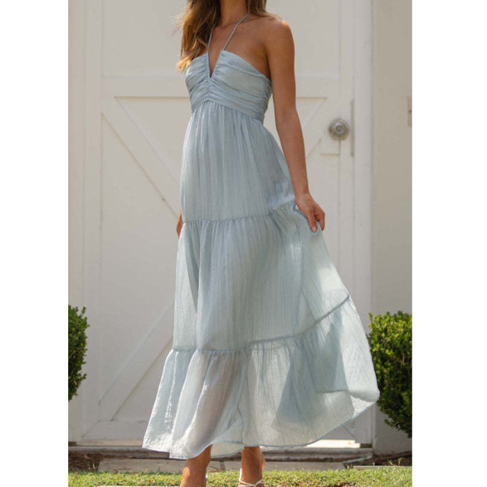 2024 New Women Sexy Long Dress Sleeveless Halter Neck Vacation Beach Dress High Waist Ladies Summer Bohemian White Maxi Dress