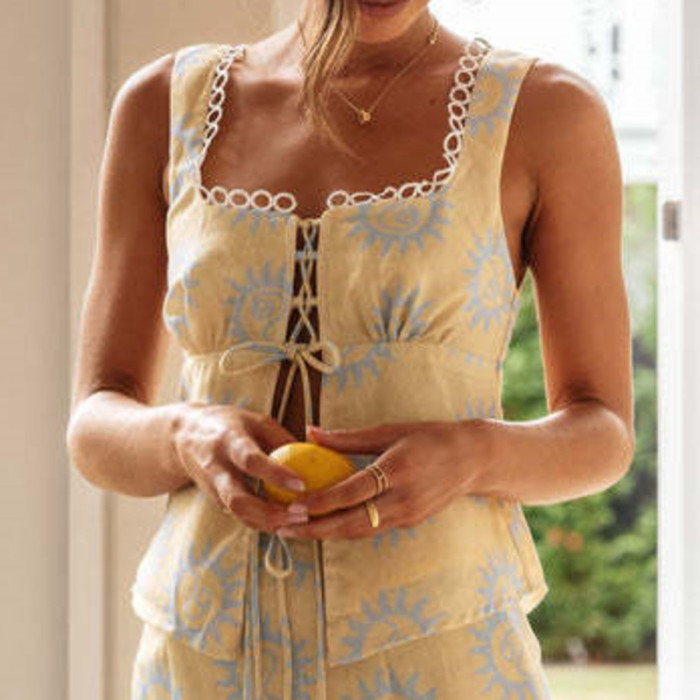 Patchwork Printed Long Skirt Split Hem Long Skirt Set Elegant Women Dress Summer Square-neck Lace Up Aesthetic Party Club Dress