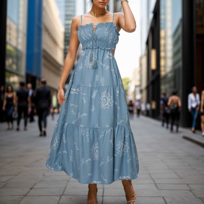 2024 Summer New Women Dress Fashion Printed Sleeveless A Line Dress Loose Casual Spaghetti Strap Long Dresses Beach Sundress