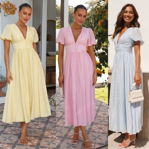 2024 Spring Summer Women's New Solid Color V-Neck Long Bubble Sleeves Large Swing Slim Dress