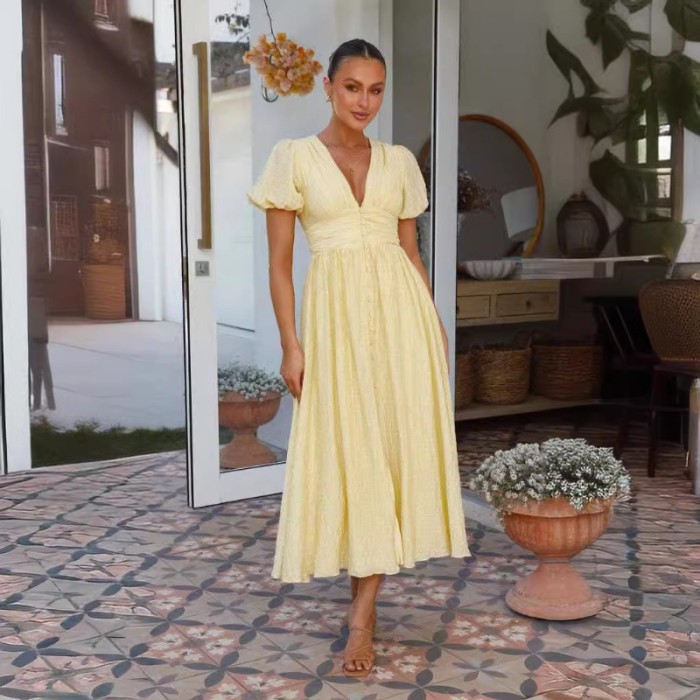 2024 Spring Summer Women's New Solid Color V-Neck Long Bubble Sleeves Large Swing Slim Dress