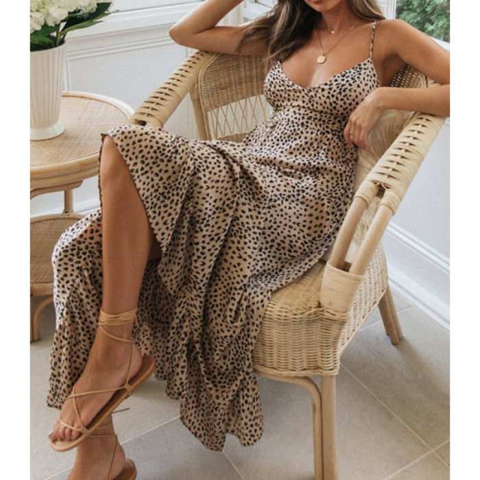 2024 Women Sexy Leopard Print Long Dress Sleeveless Backless Vacation Beach Dress High Waist Ladies Summer Deep V-Neck Dress