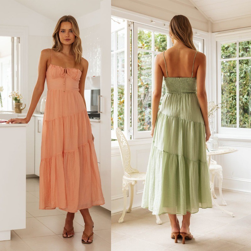 New 2024 Spring Summer Elegant and Minimalist Sleeveless Spliced Suspended Strap Long Open Back Lace up Large hem Dress