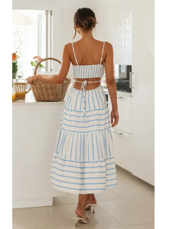 Foridol Striped Summer Women Dress Beach Sexy Boho Sundress Spaghetti Strap Cut Out A-line Maxi Midi Vestidos 2024 Spring Dress