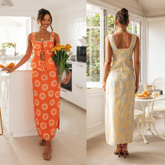 Patchwork Printed Long Skirt Split Hem Long Skirt Set Elegant Women Dress Summer Square-neck Lace Up Aesthetic Party Club Dress