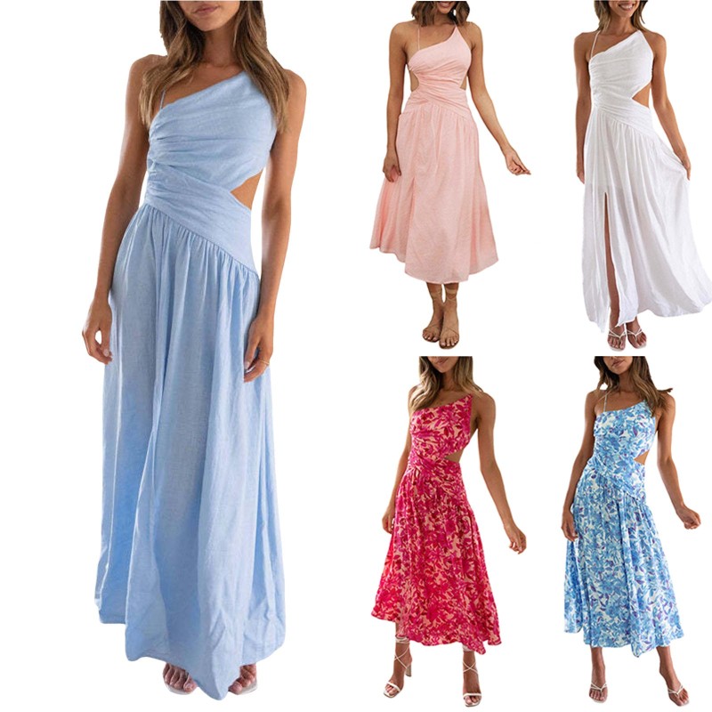 Summer Backless Bandage Women Sexy Dress Slim Fit Off Shoulder Splicing Chiffon Long Dresses Floral Print Casual Beach Dresses