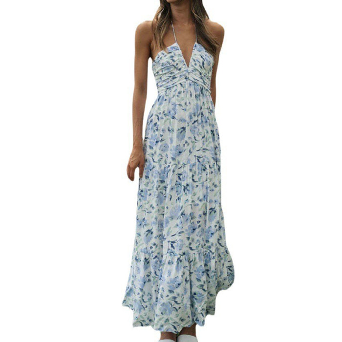 2024 New Women Sexy Long Dress Sleeveless Halter Neck Vacation Beach Dress High Waist Ladies Summer Bohemian White Maxi Dress