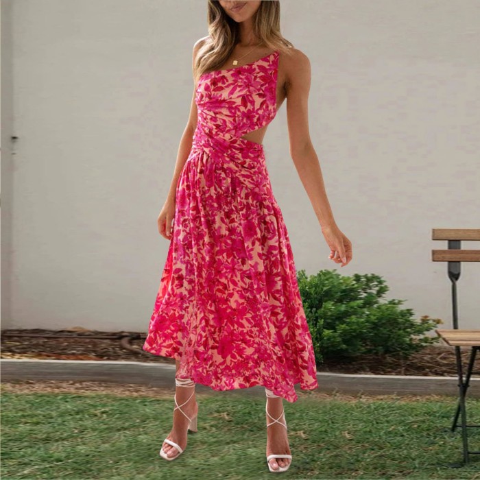 Summer Backless Bandage Women Sexy Dress Slim Fit Off Shoulder Splicing Chiffon Long Dresses Floral Print Casual Beach Dresses