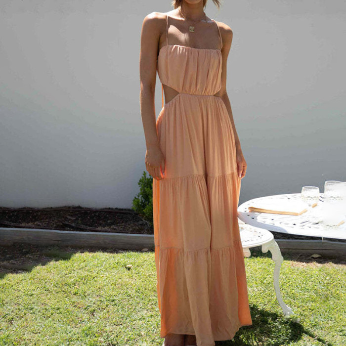 Spaghetti Strap Elastic Backless Fashion Beach Women Dress Cut Out Green Sundress A-line New Vestidos 2024