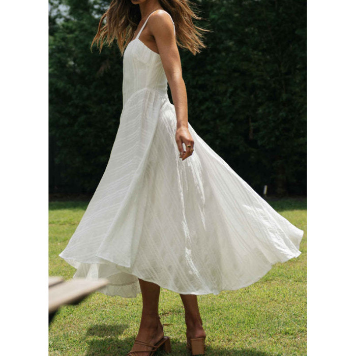 2024 Women Sexy Long Dress Sleeveless Spaghetti Strap Boho Beach Dress High Waist Ladies Summer Bohemian Cotton Maxi Dress