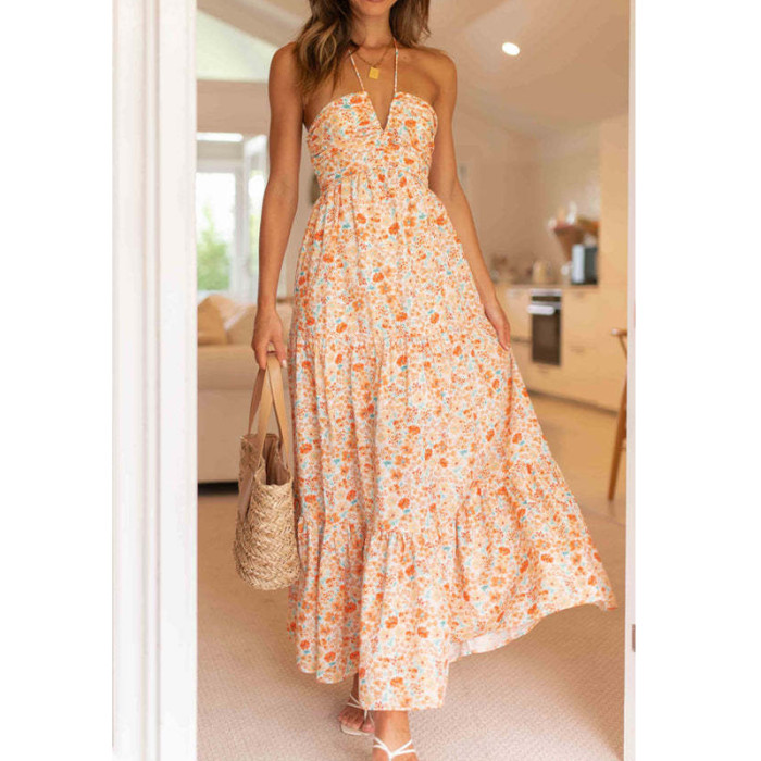 2024 New Women Sexy Long Dress Sleeveless Halter Neck Vacation Beach Dress High Waist Ladies Summer Bohemian White Maxi Dress