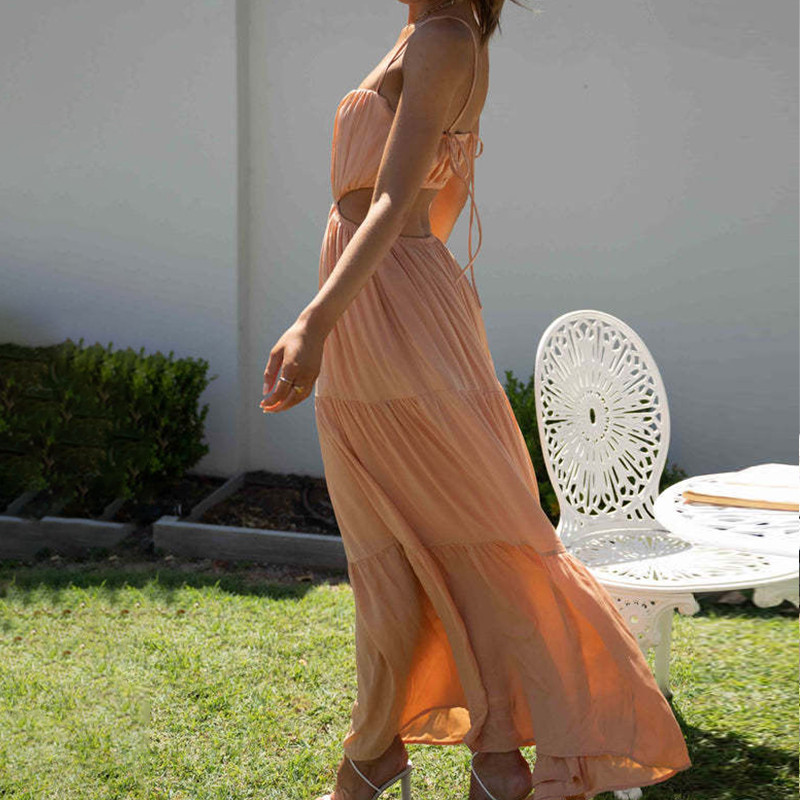 Spaghetti Strap Elastic Backless Fashion Beach Women Dress Cut Out Green Sundress A-line New Vestidos 2024