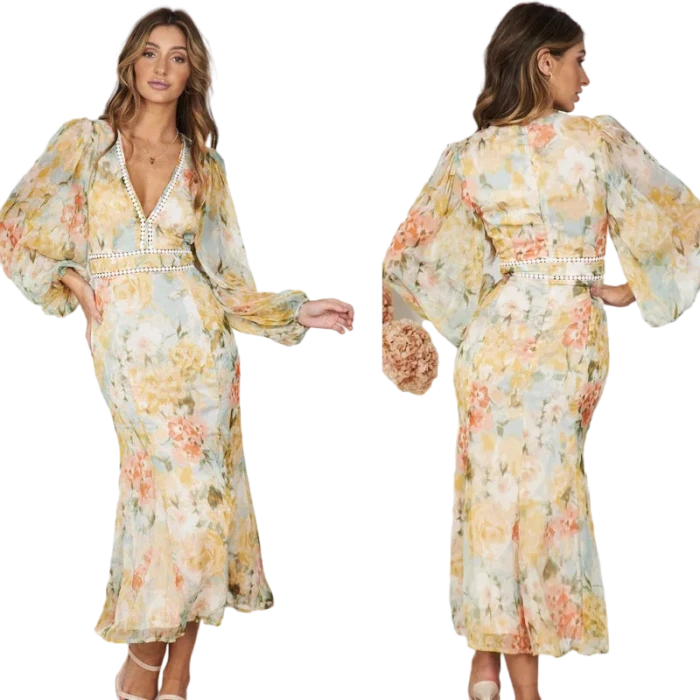 Foridol Hollow Out Lantern Sleeve Spring Women's Dress Printed Floral Midi Summer Dress 2024 V Neck Boho Yellow Sundress Party
