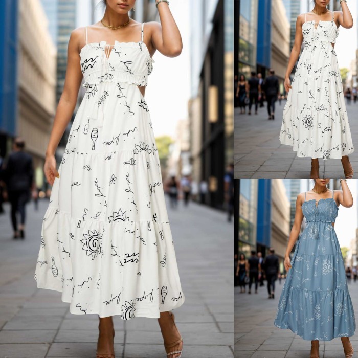2024 Summer New Women Dress Fashion Printed Sleeveless A Line Dress Loose Casual Spaghetti Strap Long Dresses Beach Sundress