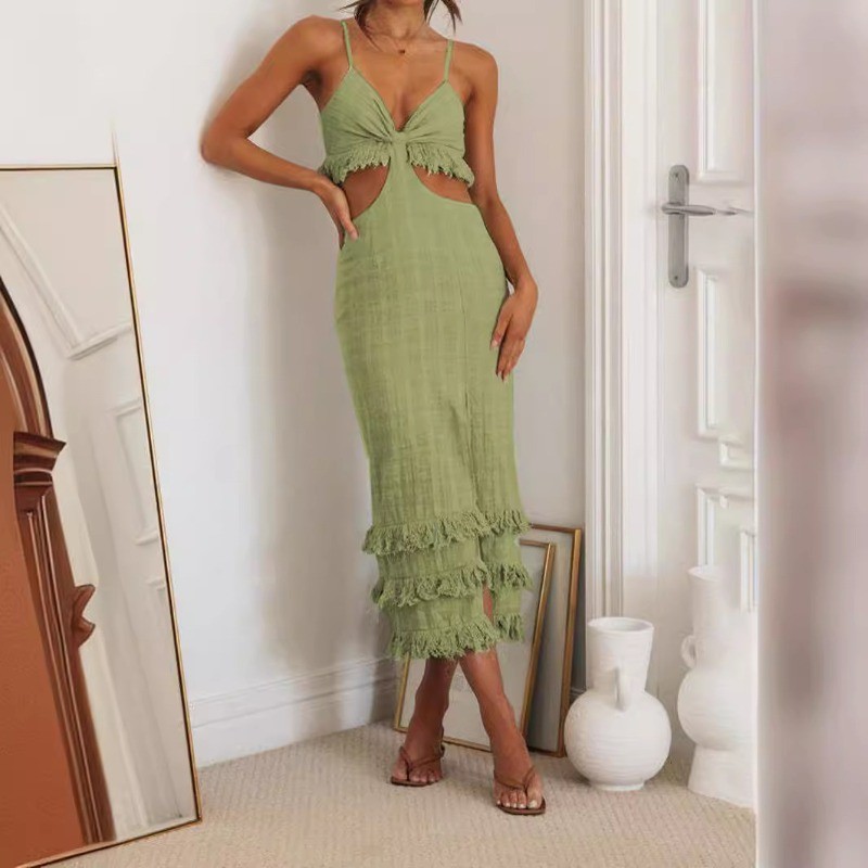 Skinny Sexy Waistless High Waist Strap Bra Dresses for Summer Women's Dress 2024 New SOlid Tassel Wrap Hip Slim Split Maxi Dress