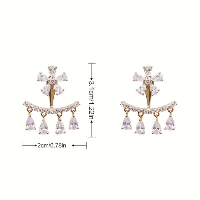 Shiny Delicate Stud Earrings Ear Jacket Zinc Alloy Jewelry Embellished With Pretty Rhinestones Elegant Korean Style Female Gift