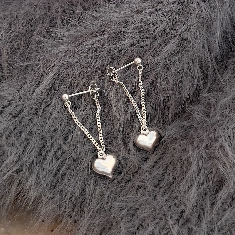 1 Pair Silvery Heart Chain Design Earrings, Hypoallergenic Party Accessories Gift, Heart Earrings