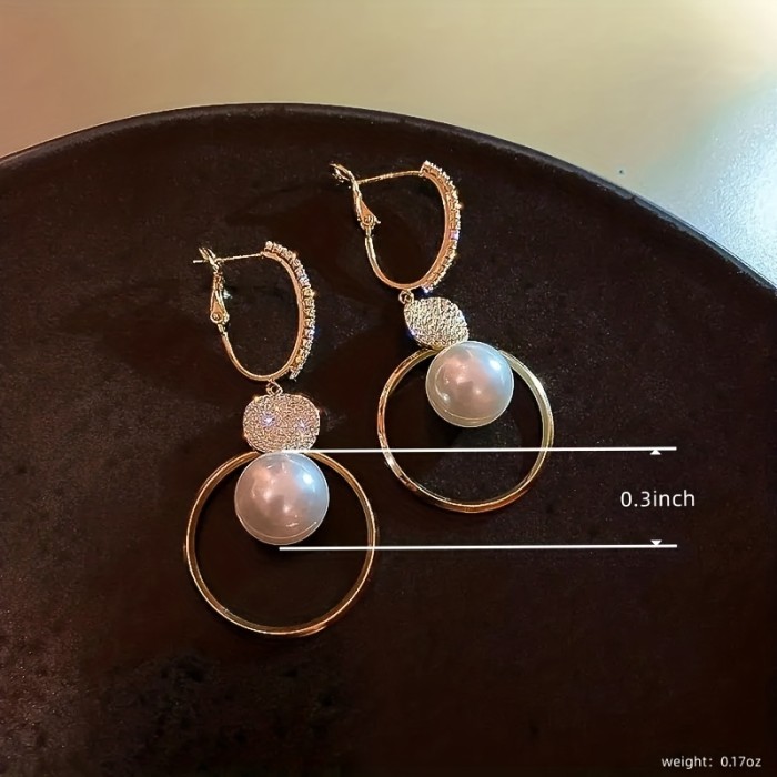 Sparkling Zircon Decor Faux Pearl Pendant Elegant Dangle Earrings Alloy 14K Gold Plated Jewelry Trendy Female Gift