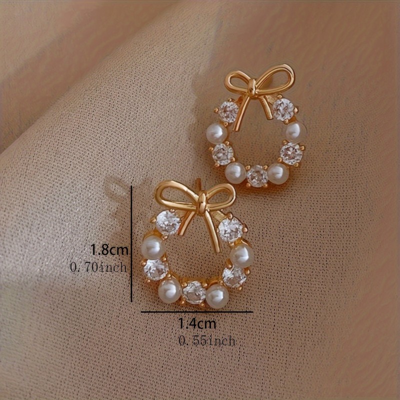 Tiny Hollow Bow With Imitation Pearl Round Design Stud Earrings Alloy Jewelry Vintage Elegant Style For Women Gift