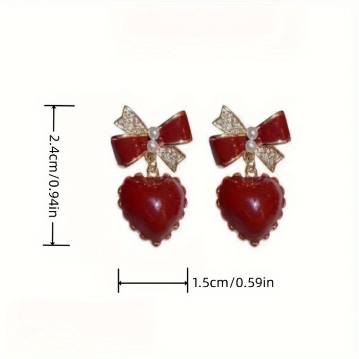 Red Enamel Heart With Bow Design Stud Earrings, Wine Red Heart Earrings, Ideal Choice For Gifts