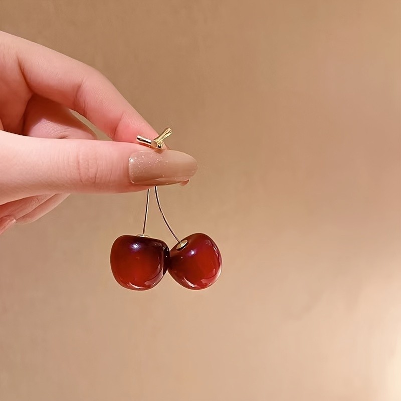 1pc, Fruit Cherry Drop Earrings, Red Fruit Fashion Jewelry, Size 0.83''x1.7''