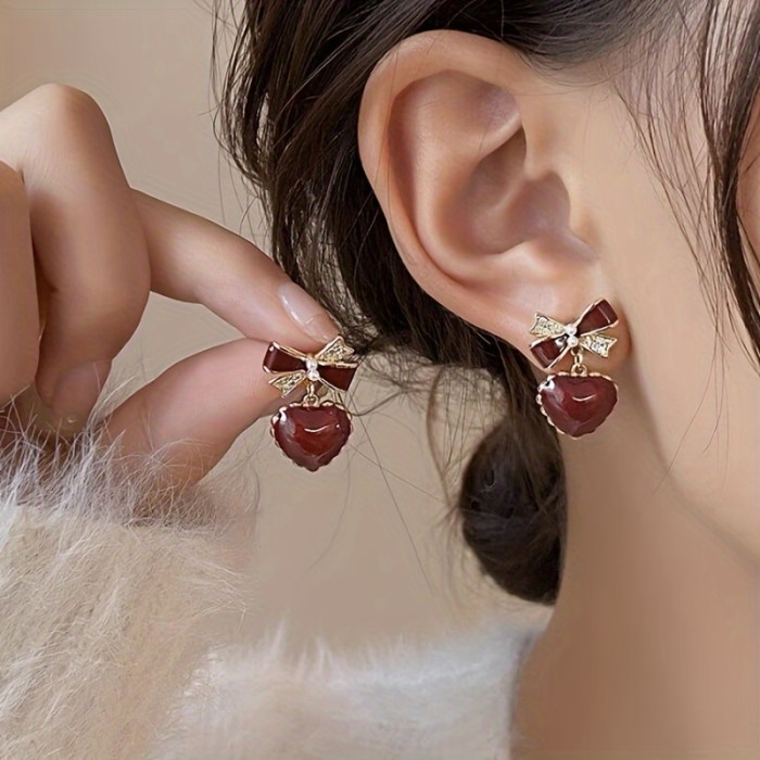 Red Enamel Heart With Bow Design Stud Earrings, Wine Red Heart Earrings, Ideal Choice For Gifts