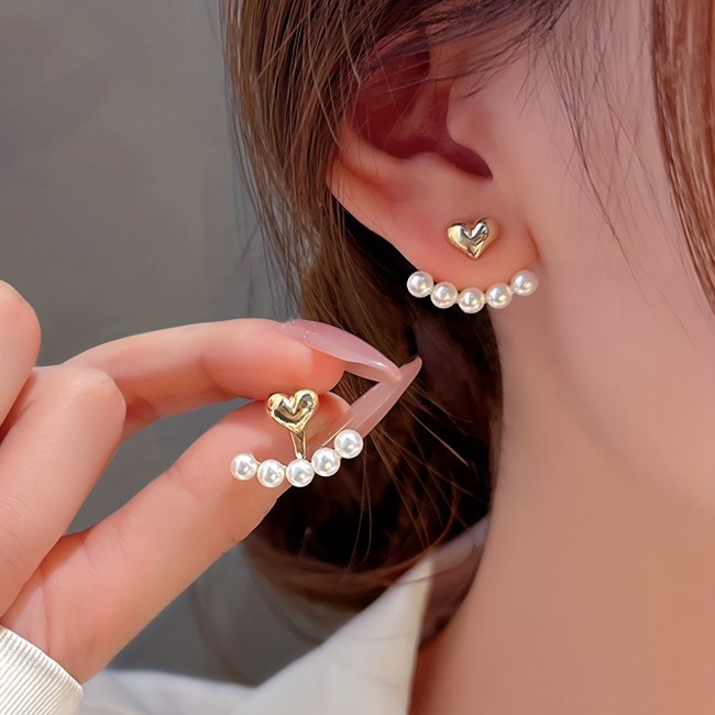 1 Pair Heart-shaped Faux Pearls Stud Earrings, Adjustable Earrings With Two Wearing Styles, Exquisite Christmas, Thanksgiving Day Gift