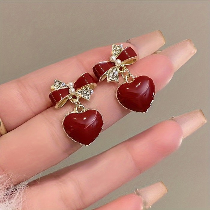 Red Enamel Heart With Bow Design Stud Earrings, Wine Red Heart Earrings, Ideal Choice For Gifts