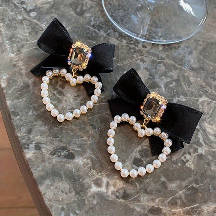 Elegant Bow Earrings with Imitation Pearl - Chic Alloy Jewelry with Hypoallergenic Needle, Perfect Gift for Birthdays & Holidays