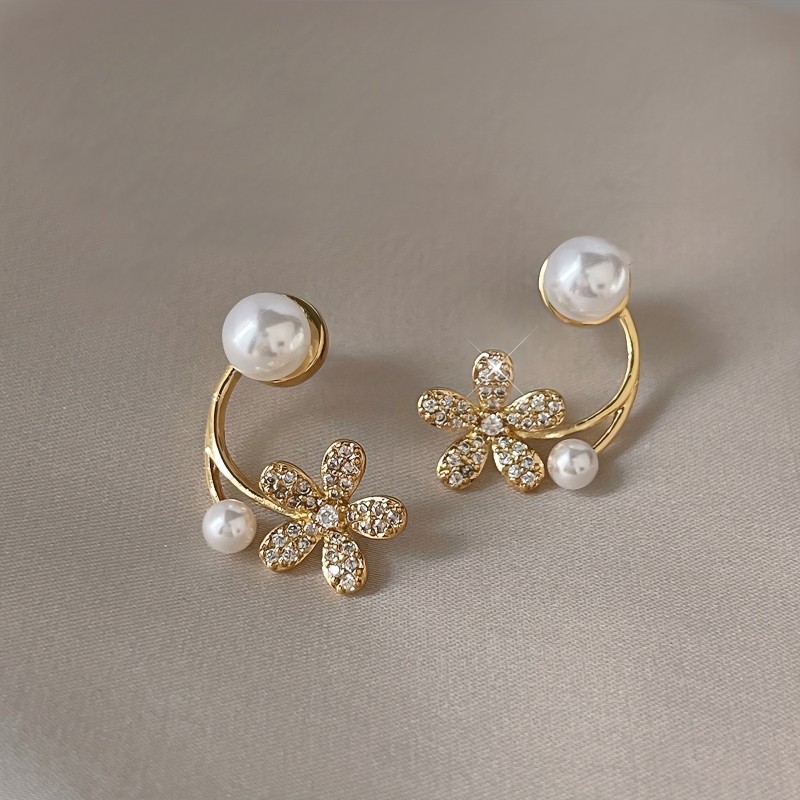 1pc, Sparkling Golden Floral Stud Earrings with Pearl Rhinestones - Perfect Gift for Women, Girls, and Special Occasions