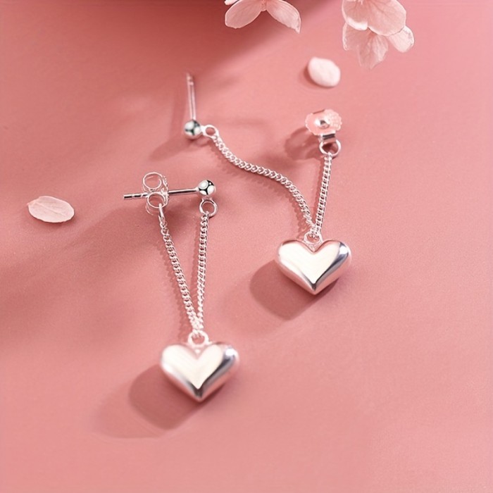 1 Pair Silvery Heart Chain Design Earrings, Hypoallergenic Party Accessories Gift, Heart Earrings