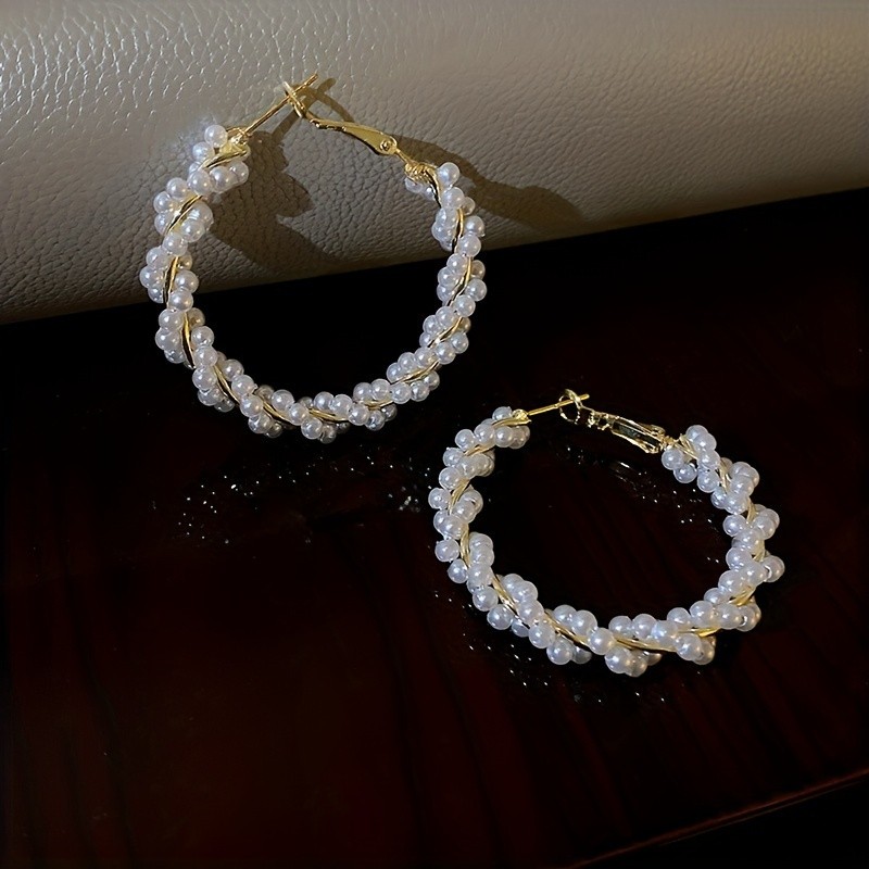 Exquisite Twisted Imitation Pearl Design Hoop Earrings Elegant Vintage Style Suitable For Women Daily Party Earrings